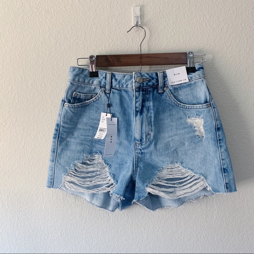 Topshop Mom High Waisted Distressed Denim Shorts